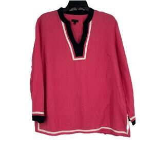 Talbots Linen Top Pink Black Long Sleeve Split Neck Lagenlook Classic Size L